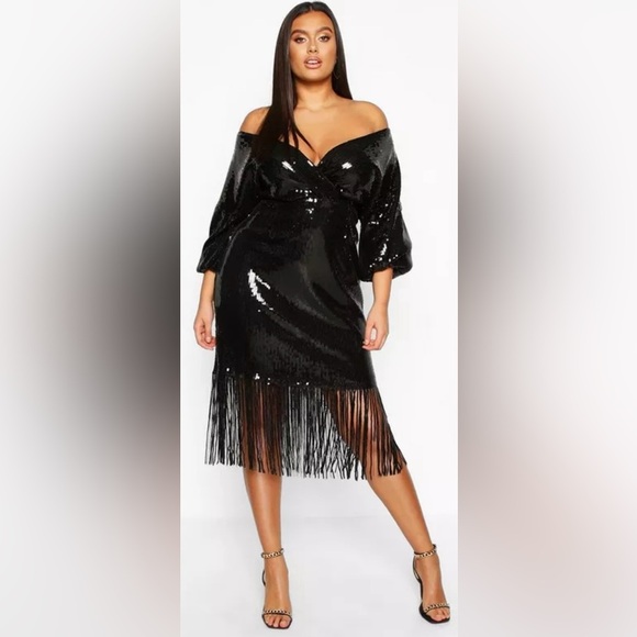 Boohoo Plus Size Sequin Faux Wrap Fringe Long Sleeve Boho MIDI - Picture 7 of 14